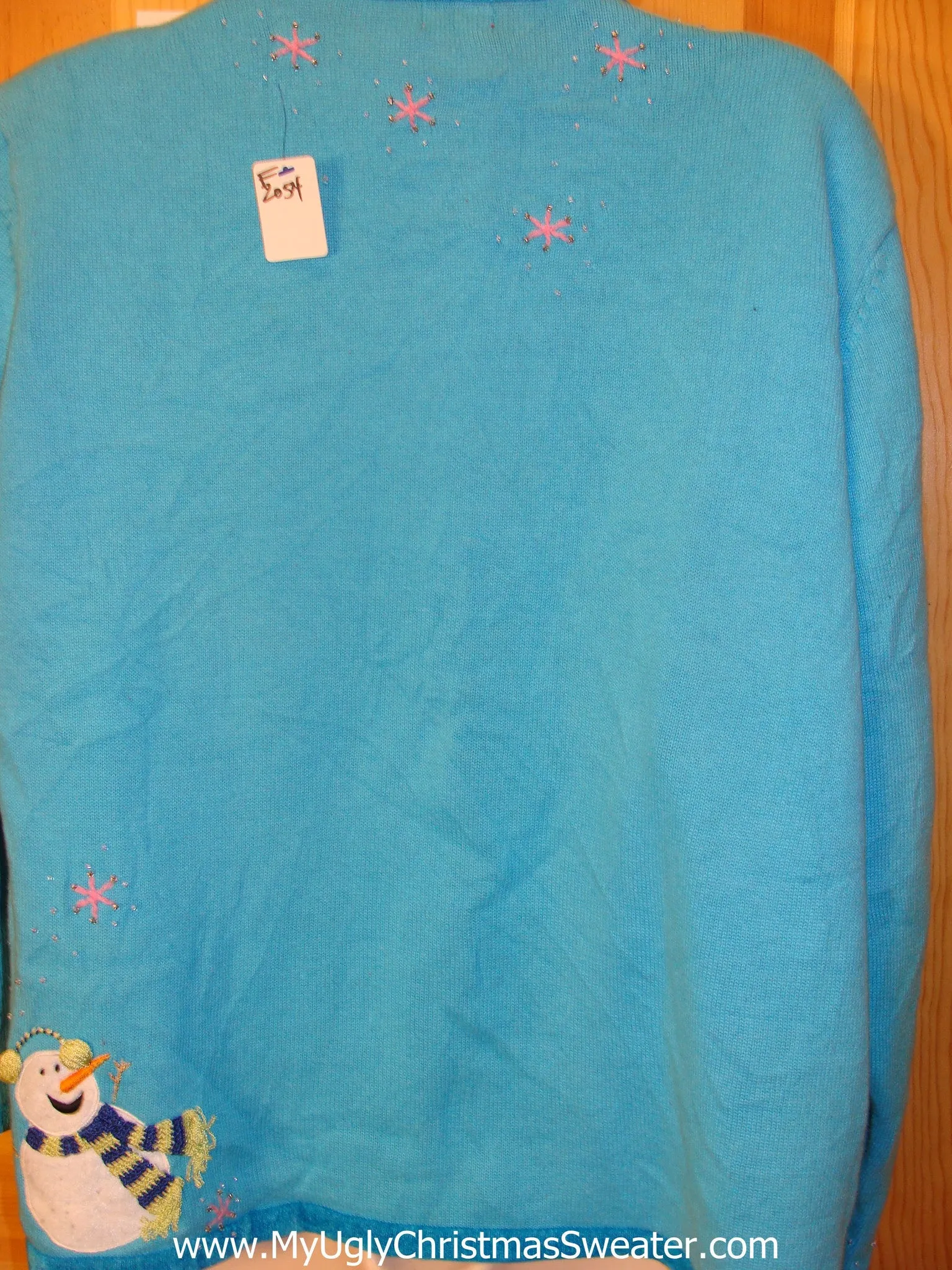 Bright Blue Ugly Christmas Sweater with Bling Snowmen