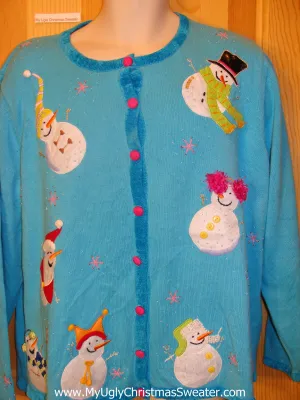 Bright Blue Ugly Christmas Sweater with Bling Snowmen