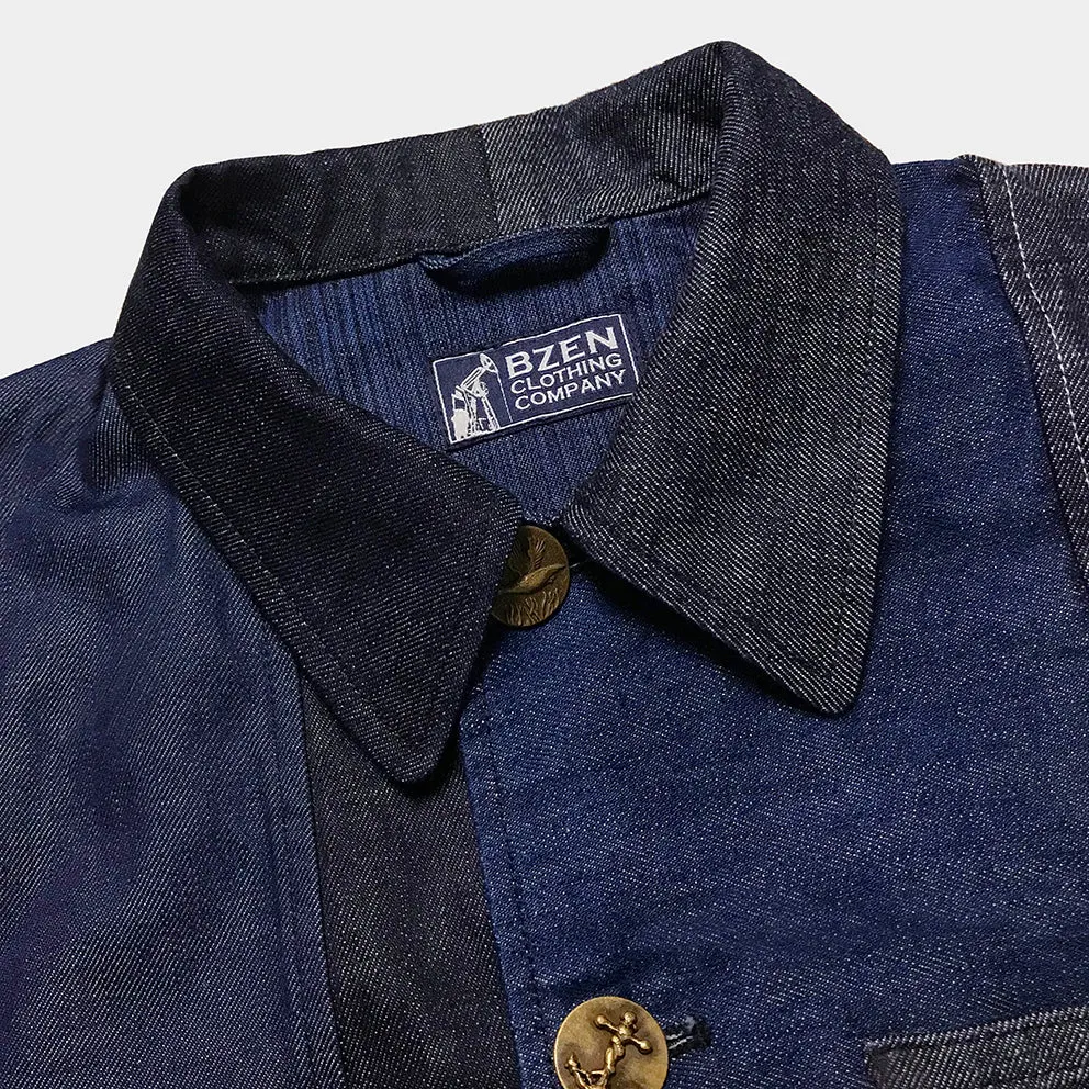 BZEN M.3201-PIERRE REGULAR FIT FRENCH WORKWEAR INSPIRED PATCHWORK JACKET- E0 RINSE INDIGO