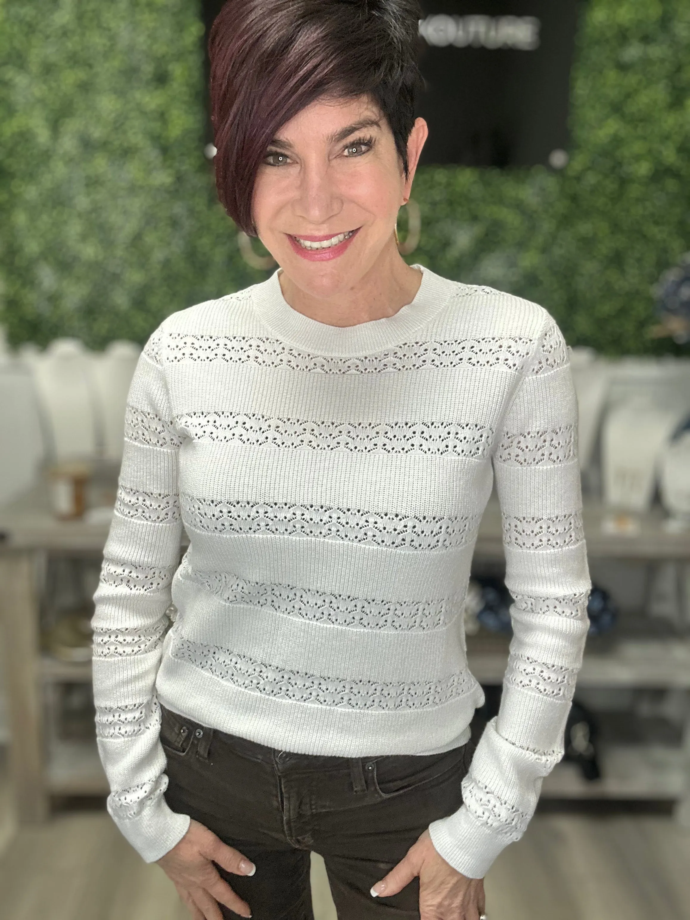 Cotton Cashmere Pointelle Stripe Crew