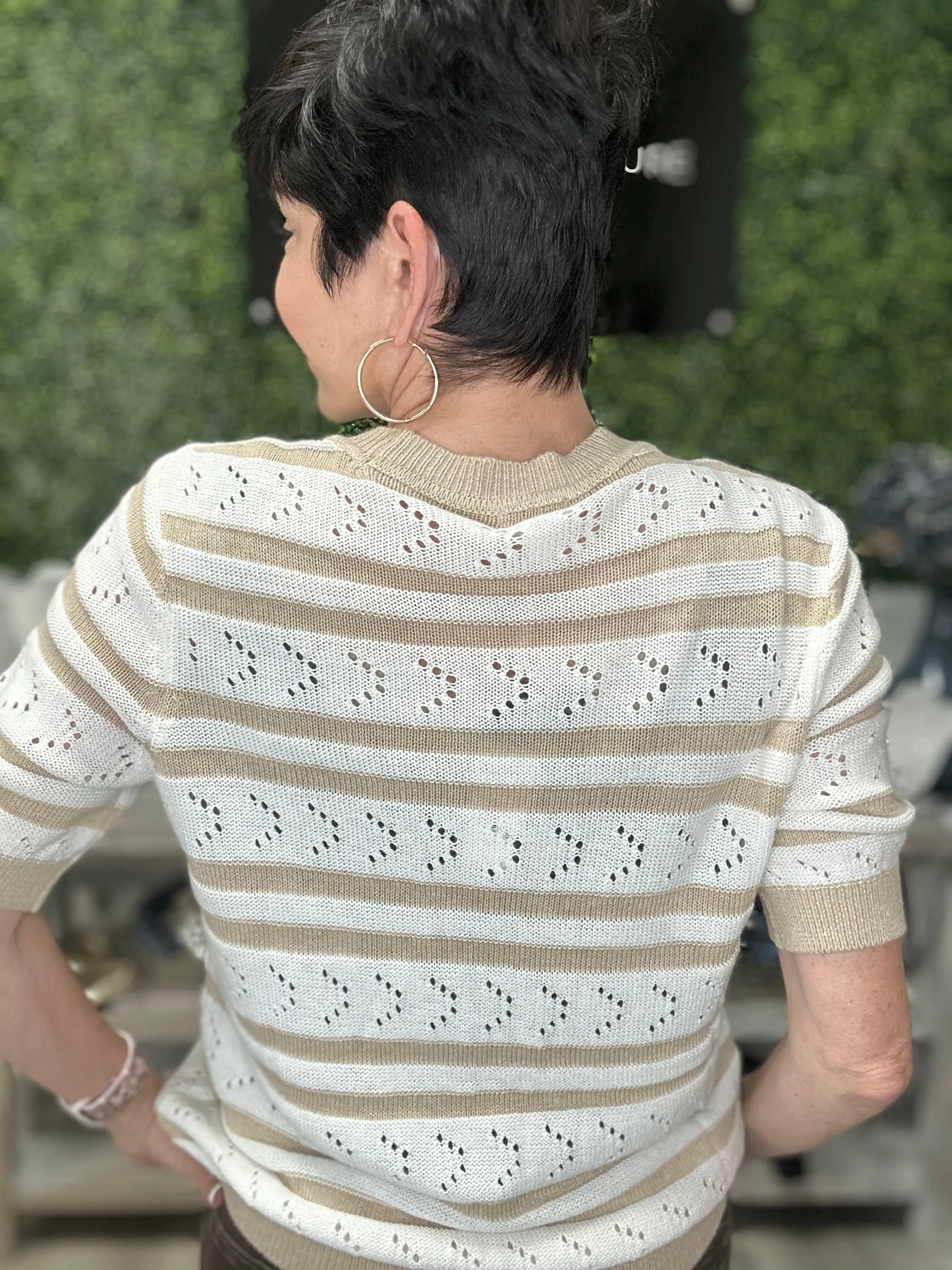 Cotton Cashmere Striped Pointelle Crew Sweater