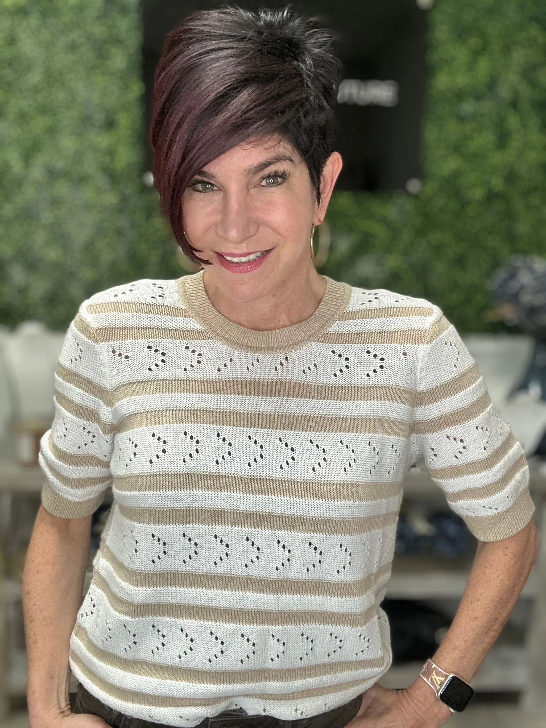 Cotton Cashmere Striped Pointelle Crew Sweater