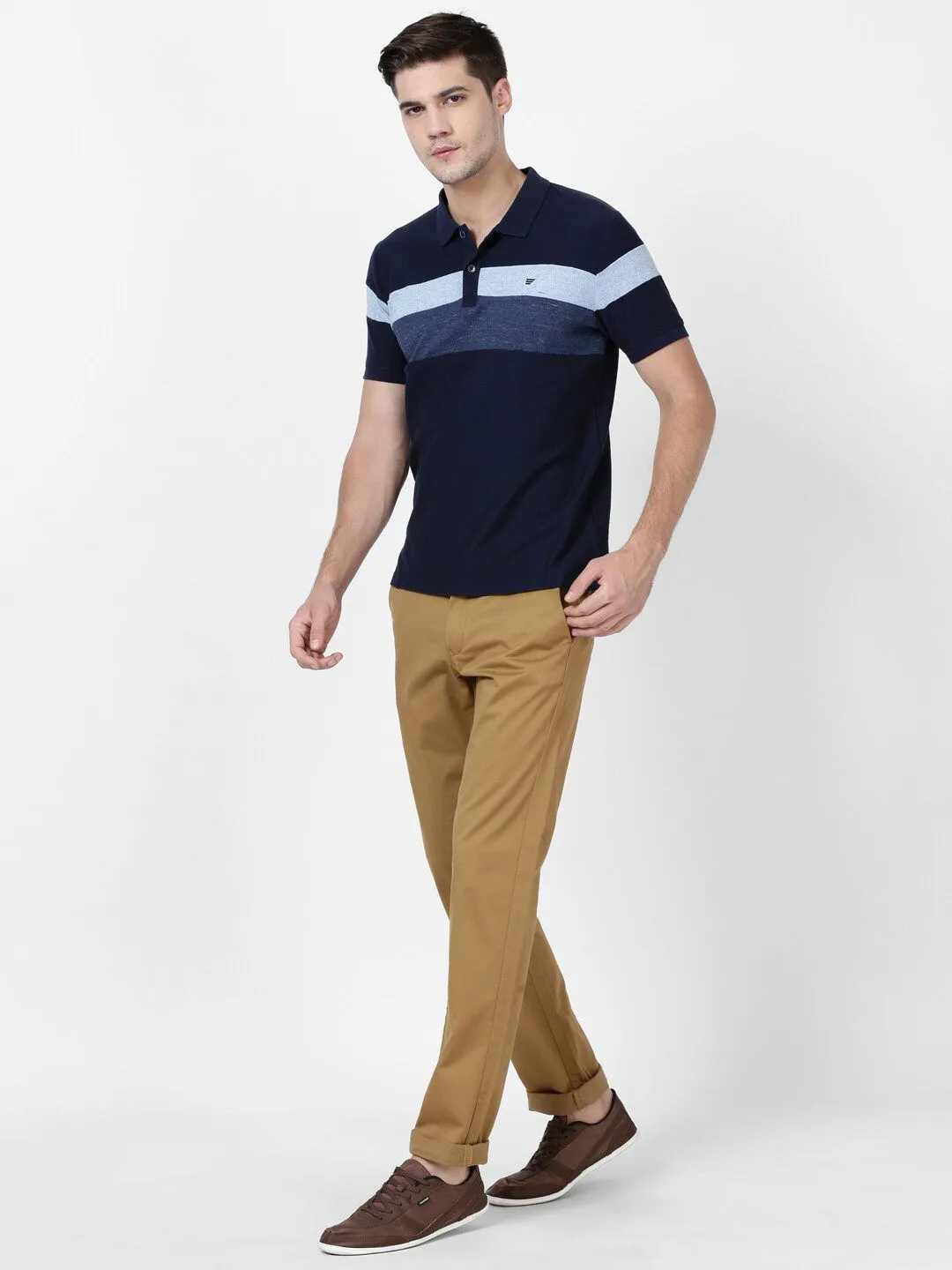 T-Base Men Blue Striped Polo Collar Slim Fit Cotton T-Shirt