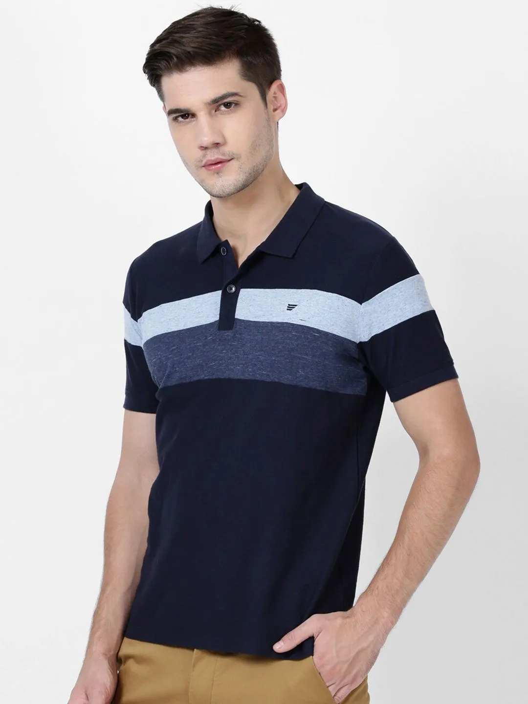 T-Base Men Blue Striped Polo Collar Slim Fit Cotton T-Shirt