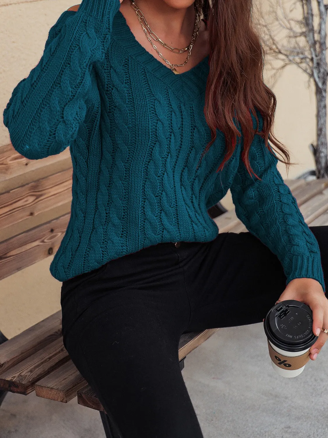 TEEK - Honey Cable-Knit V-Neck Cold Shoulder Sweater