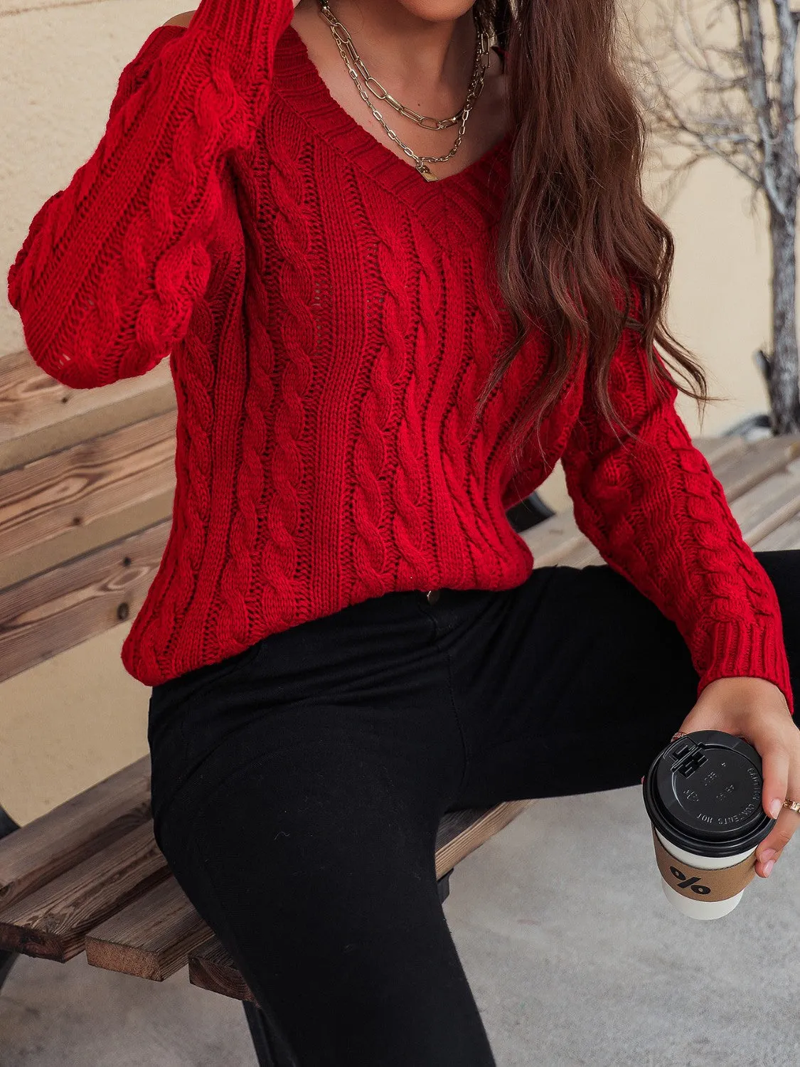 TEEK - Honey Cable-Knit V-Neck Cold Shoulder Sweater